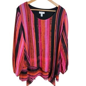 Susan Graver Womens Striped Sharkbite Hem Blouse 2X Pink Orange Sheer Layered